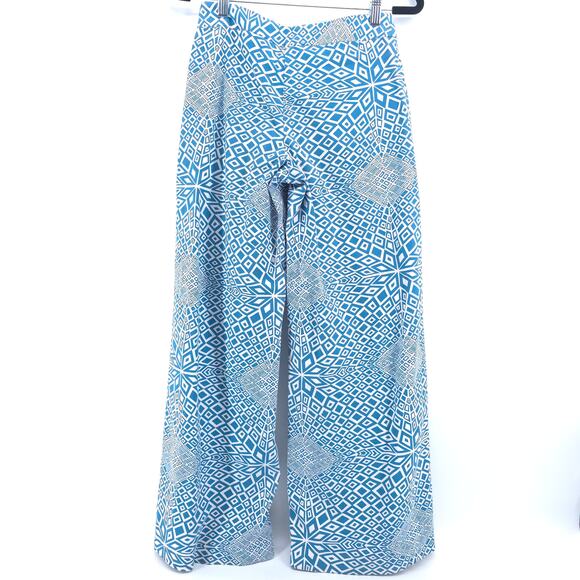 Dar Retro Psychedelic Handmade Blue White Geometric Pattern Wide Leg Pants 29 - Picture 7 of 10